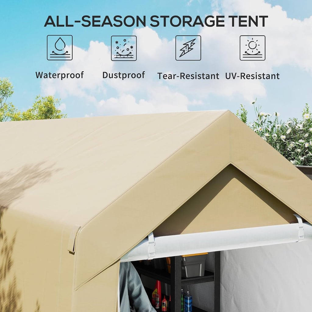 Outsunny 7' x 12' Portable Storage Shed Shelter, Heavy Duty Outdoor Shed, Waterproof Garden Storage Tent with Ventilation Window and Roll-up Zipper Door for Bike, Motorcycle, Garden Tools, Beige