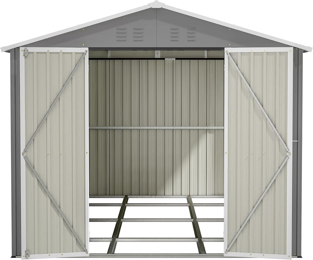 YOPTO 8x12 FT Large Outdoor Storage Shed with Lockable Doors & Floor Base,Weather-Resistant Metal Tool Shed for Garden, Backyard,Patio,Lawn,Gray