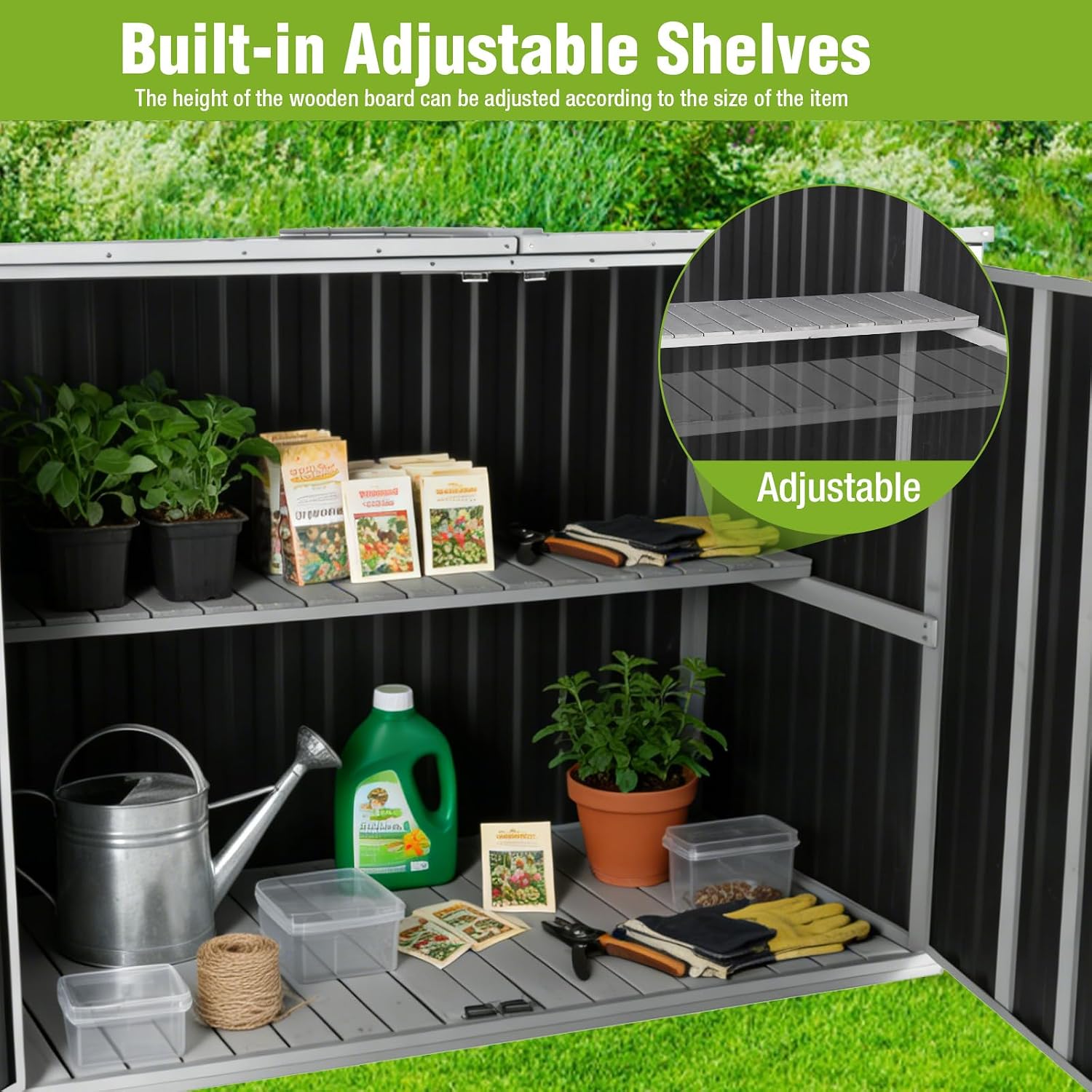 Outdoor Storage Shed with Metal and Wood Frame, Resin Garden Sheds with Removable Shelves and Floor, Weatherproof Plastic Roof Outdoor Trash Can Shed, Horizontal Storage Cabinet for Patio(Black)