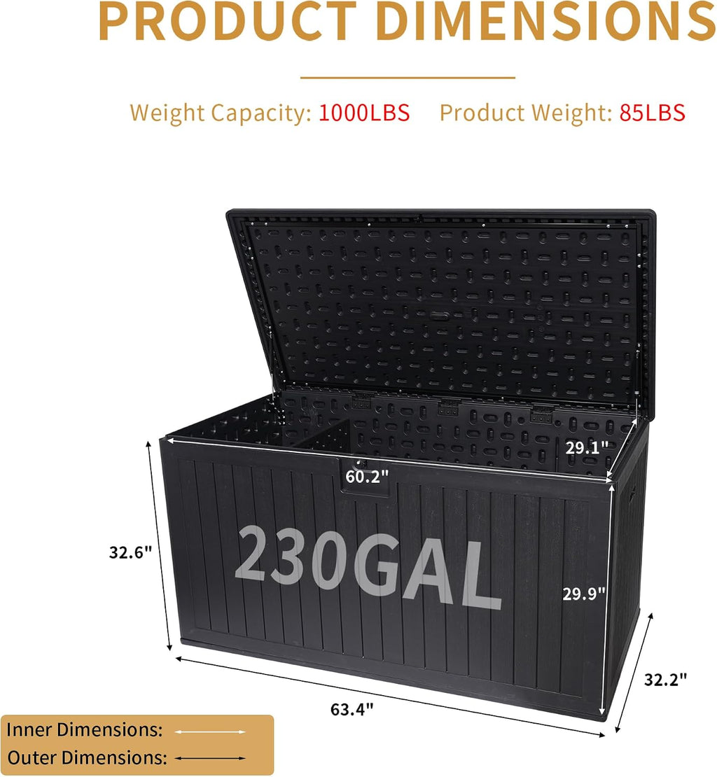 KUIKUI 288 Gallon Waterproof Deck Box, Outdoor Storage Box Waterproof Lockable with Divider and Lifter Prevent Water Seeping into from Floor for Patio Cushions
