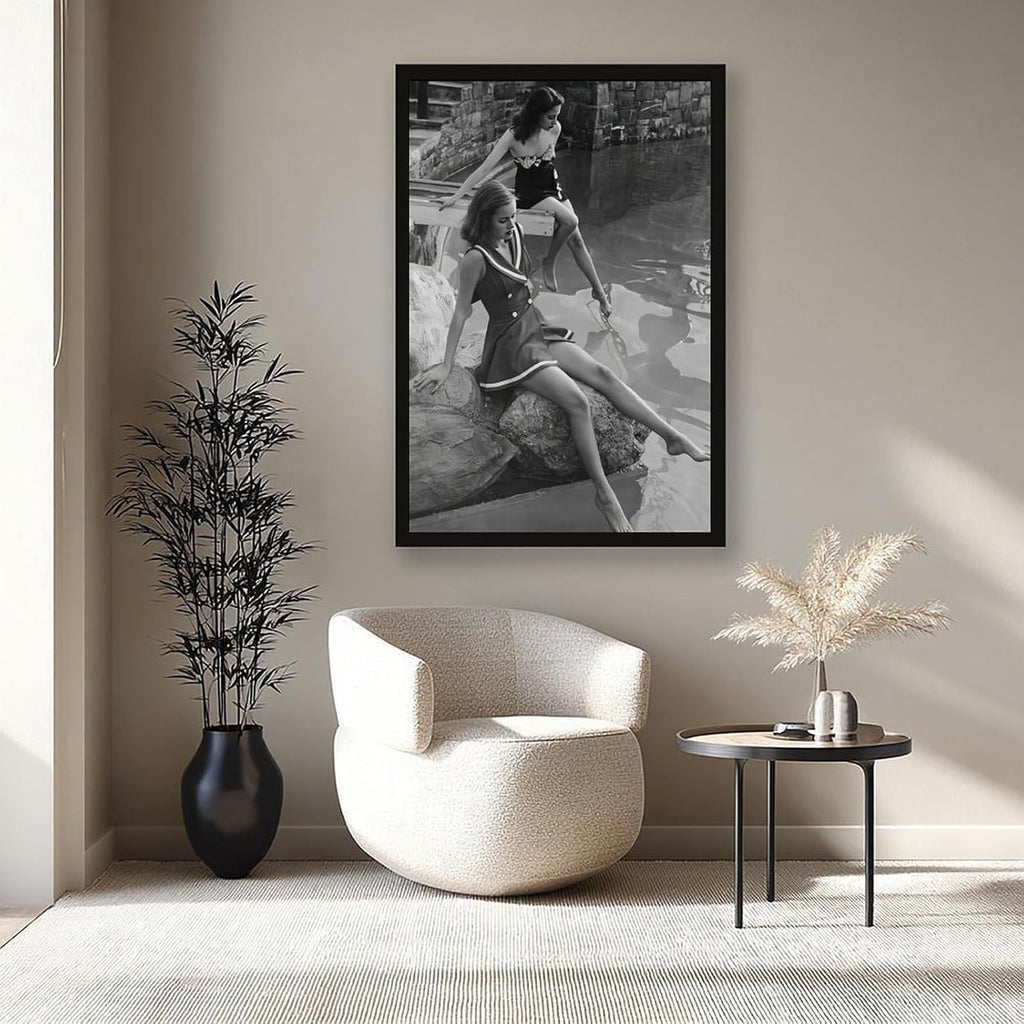 UXCBIA Young Woman, Paris, France, 1950s, Retro Women's Fashion Swimsuit, Black And White Poster Canvas Poster Bedroom Decor Sports Landscape Office Room Decor Gift Black Frame 24x36in(60x90cm)