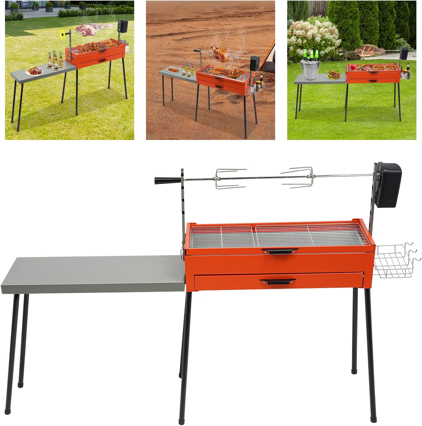 Barbecue Grill, 4W 220V Portable Charcoal Grills Height Adjustable Charcoal BBQ Grill Stainless Steel Chicken Grills Barbecue Tools with Side Table for Grilling Vegetables, Chicken Thighs, Steaks