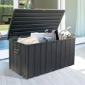 Domi 120 Gallon Deck Box, Outdoor Metal Lockable Storage Cabinet with Resin Lid, Waterproof Steel Outdoor Bench with Lockable Lid, Side Handles for Outside Cushions, Pillows, Garden Tools, Grey