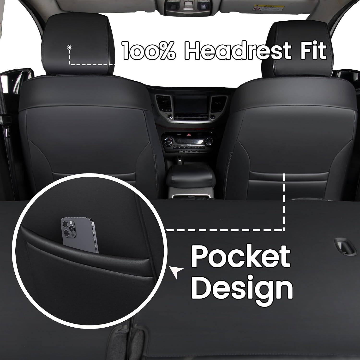 HKZ Custom Fit Tucson Seat Covers for Hyundai Tucson 2016 2017 2018,5-Seats Full Set,Leather (Black,)