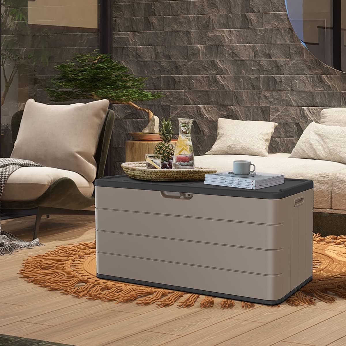 Mrosaa Resin Deck Storage Box, 85 Gallon Outdoor Storage Box Waterproof for Garden Storage,Patio and Backyard, Lockable Brown Color