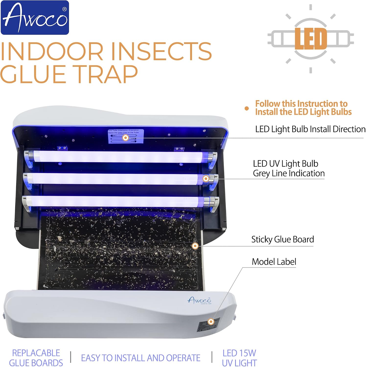 Awoco LED 15W 100V-240V Wall Mount Sticky Fly Trap Lamp XL 78' Extra Long Power Cord with 3 LED UV Bulb for Capturing Flies, Mosquitoes, Moths and Flying Insects (Fly Trap XL)