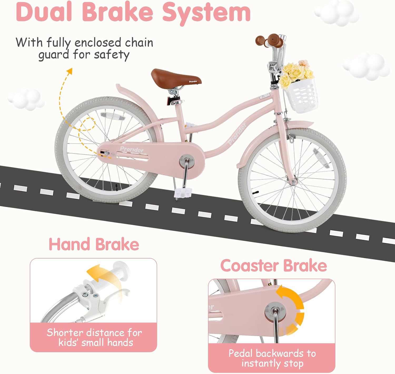 BABY JOY Kids Bike, 12 14 16 18 20 Inch Boys Girls Bike w/Adjustable Seat, Removable Basket, Handbrake & Coaster Brake, Training Wheels or Kickstand, Kids Bicycle with Multi-Color
