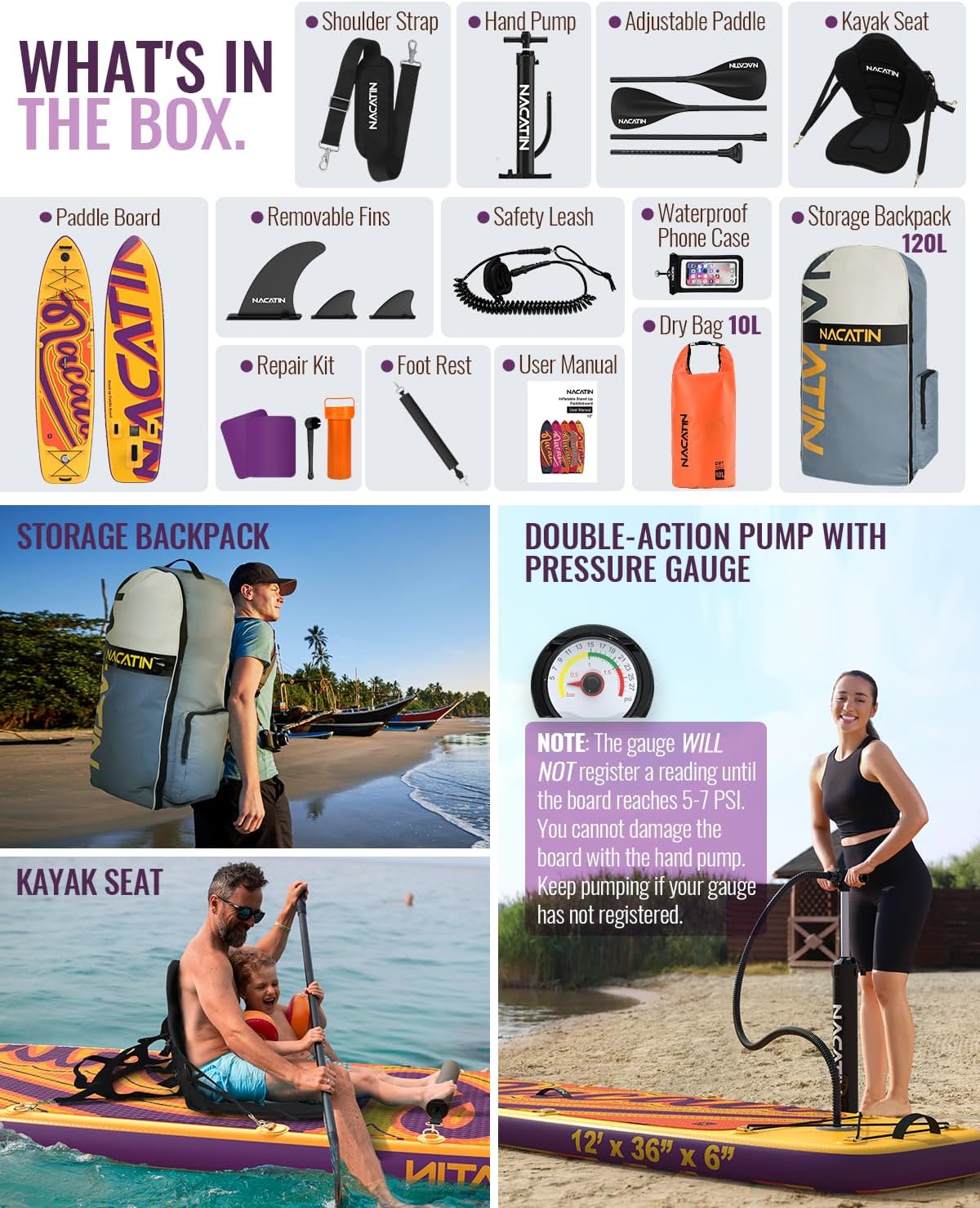 NACATIN 12'/366cm Extra Large Inflatable Stand Up Paddle Board with Seat, Wide 36'/91cm SUP Board for Adults & Family, with Single/Double Paddle, Kayak Seat, Pump, Stable Wide Deck for Beginners