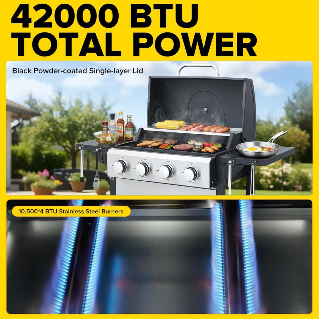 CIG GARDEN 4-Burner Propane Gas Grill, 42,000 BTU Stainless Steel BBQ with Foldable Side Tables, Outdoor Grill for Patio, Garden, Backyard & Camping