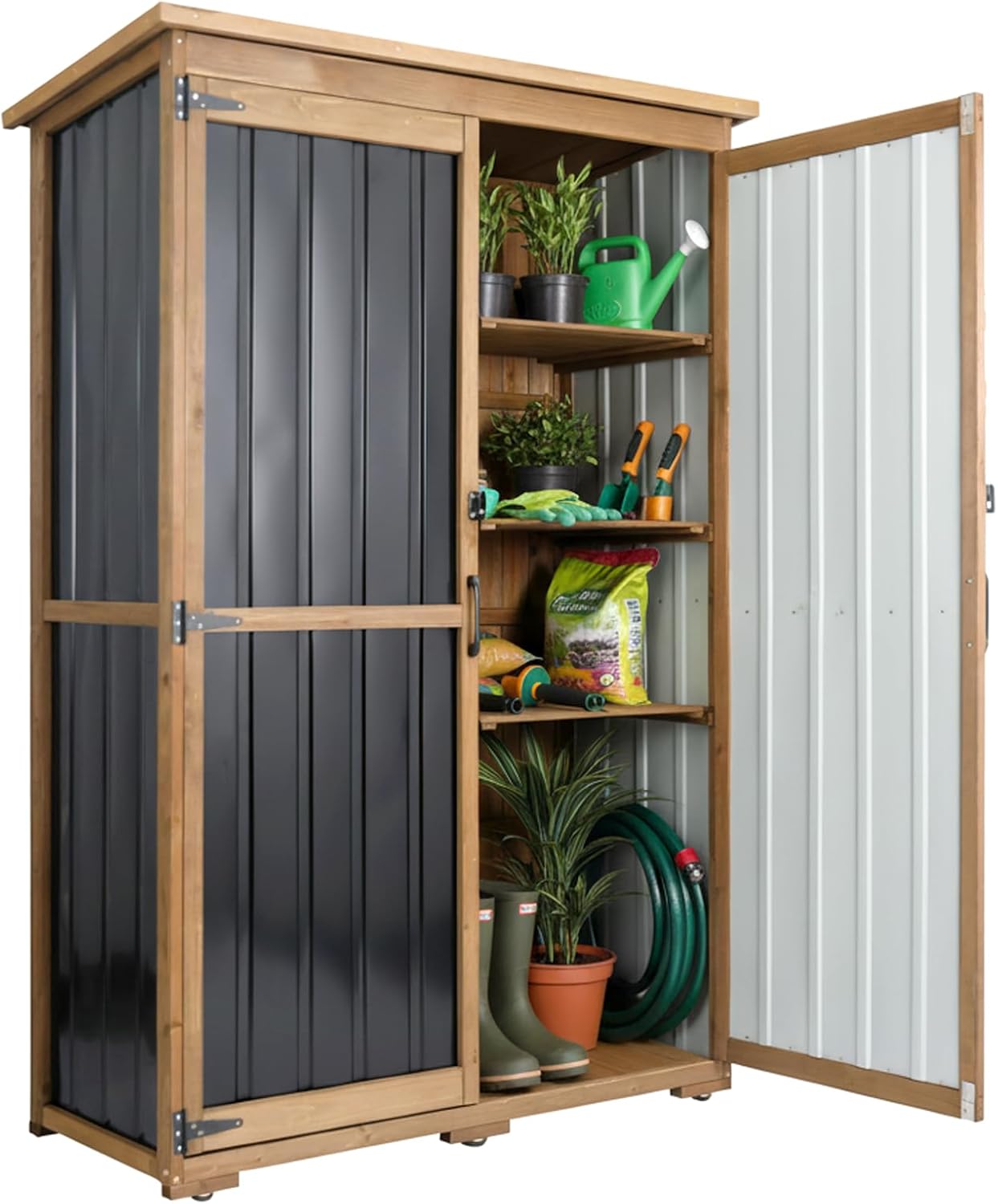 Outdoor Storage Cabinet with Shelves, Wood & Metal Storage Shed with Weatherproof Roof, 3 Removable Shelves, Lockable Doors, Adjustable Feet, Outside Storage Cabinet for Garage, Patio, Backyard