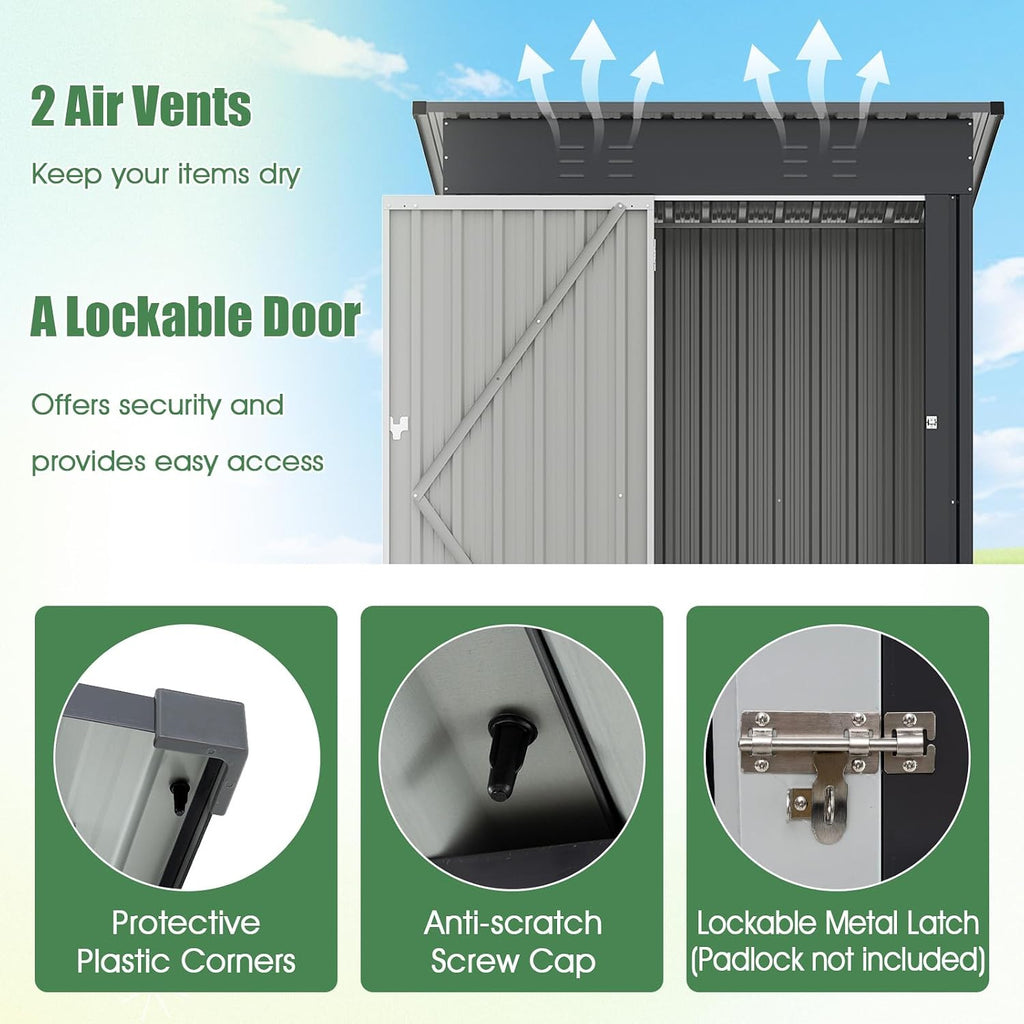 Goplus 5 x 3 FT Outdoor Storage Shed, Galvanized Metal Tool House w/Sloped Roof, 2 Vents, Lockable Door, Waterproof & Windproof Utility Tool Organizer for Garden, Backyard, Lawn, Patio, Gray