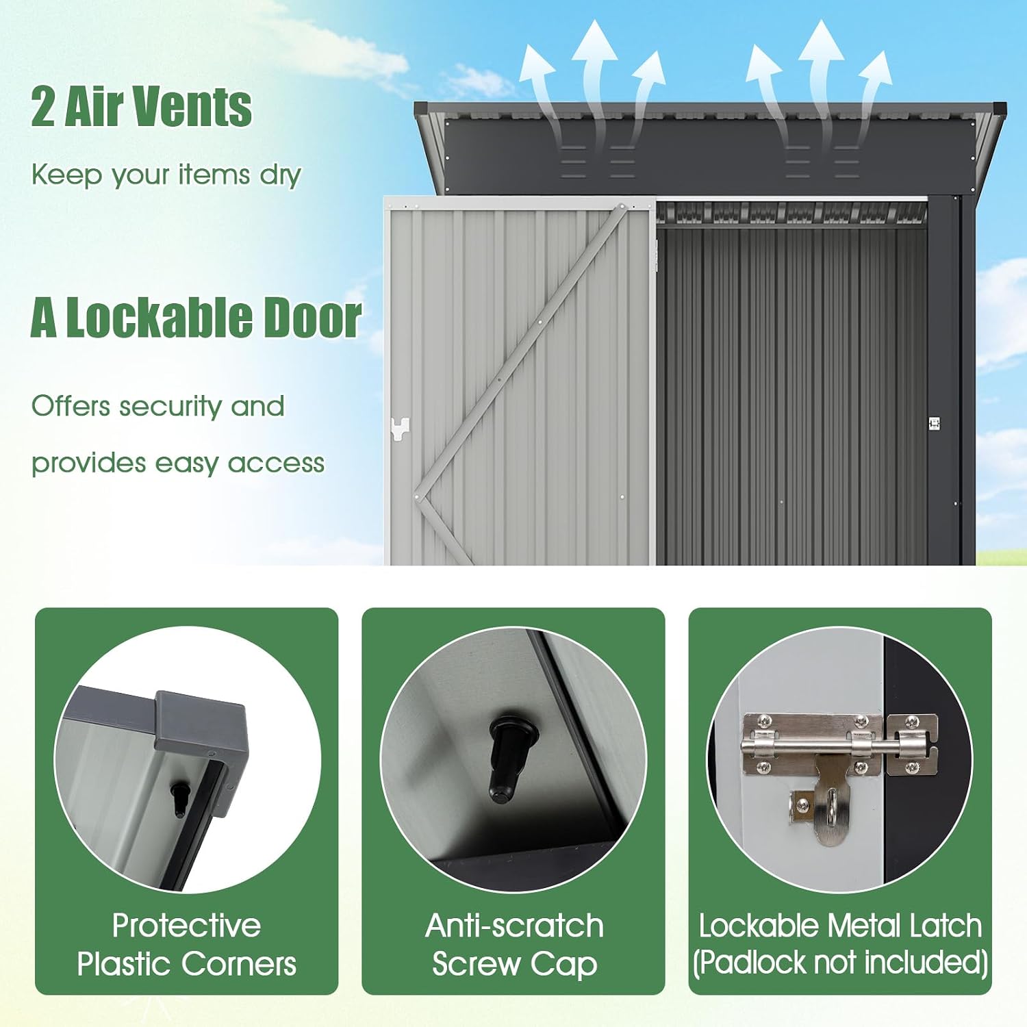 Goplus 5 x 3 FT Outdoor Storage Shed, Galvanized Metal Tool House w/Sloped Roof, 2 Vents, Lockable Door, Waterproof & Windproof Utility Tool Organizer for Garden, Backyard, Lawn, Patio, Gray