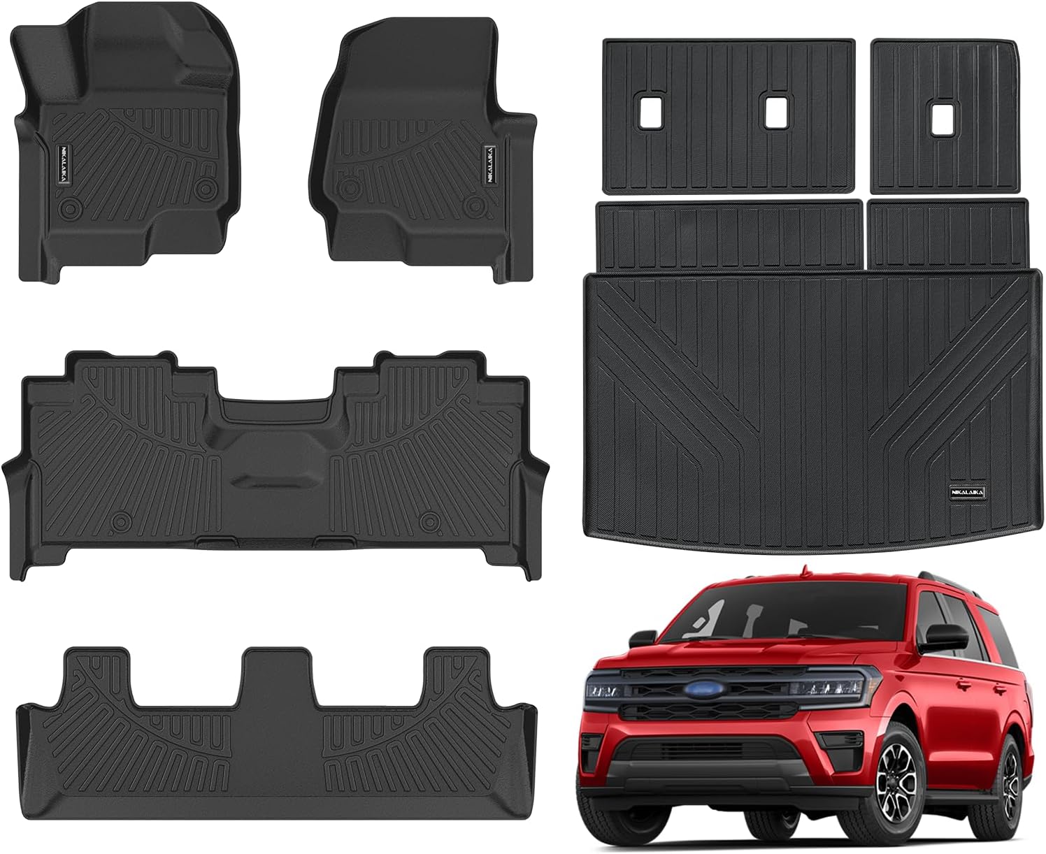 Floor Mats & Cargo Liner for 2018-2024 Ford Expedition 8 Seats with 2nd Row Bench Seat (Only Fit MAX Or L) All Weather Protection TPE Rubber Floor Liners Automotive Accessories, Black