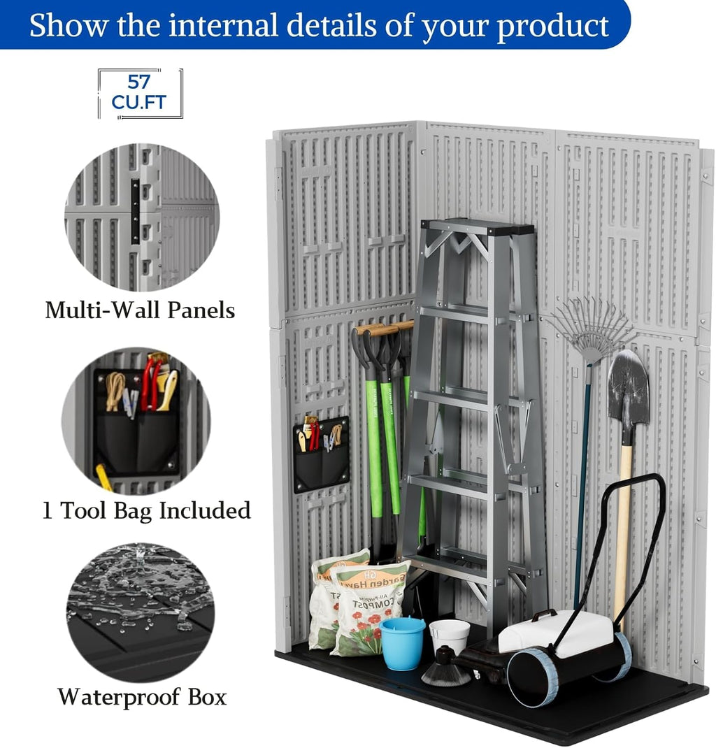 ZZM 57 Cu.ft Outdoor Storage Shed with Floor HDPE Double-Wall Resin Sheds Outdoor Storage, Lockable Weatherproof Storage Cabinet Fit for Garden Tools, Garage can, Bike, Patio Furniture, Grey