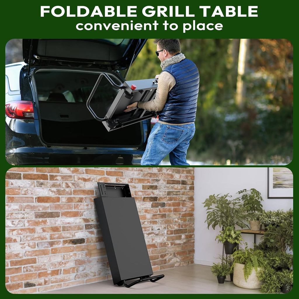NUUK 31'x17' Heavy Duty Folding Grill Table Cart with Locking Wheels Side Shelves 300LBS Capacity for Griddles Pizza Ovens Outdoor Cooking Perfect for Outdoor Countertop and Grill Prep Table Use
