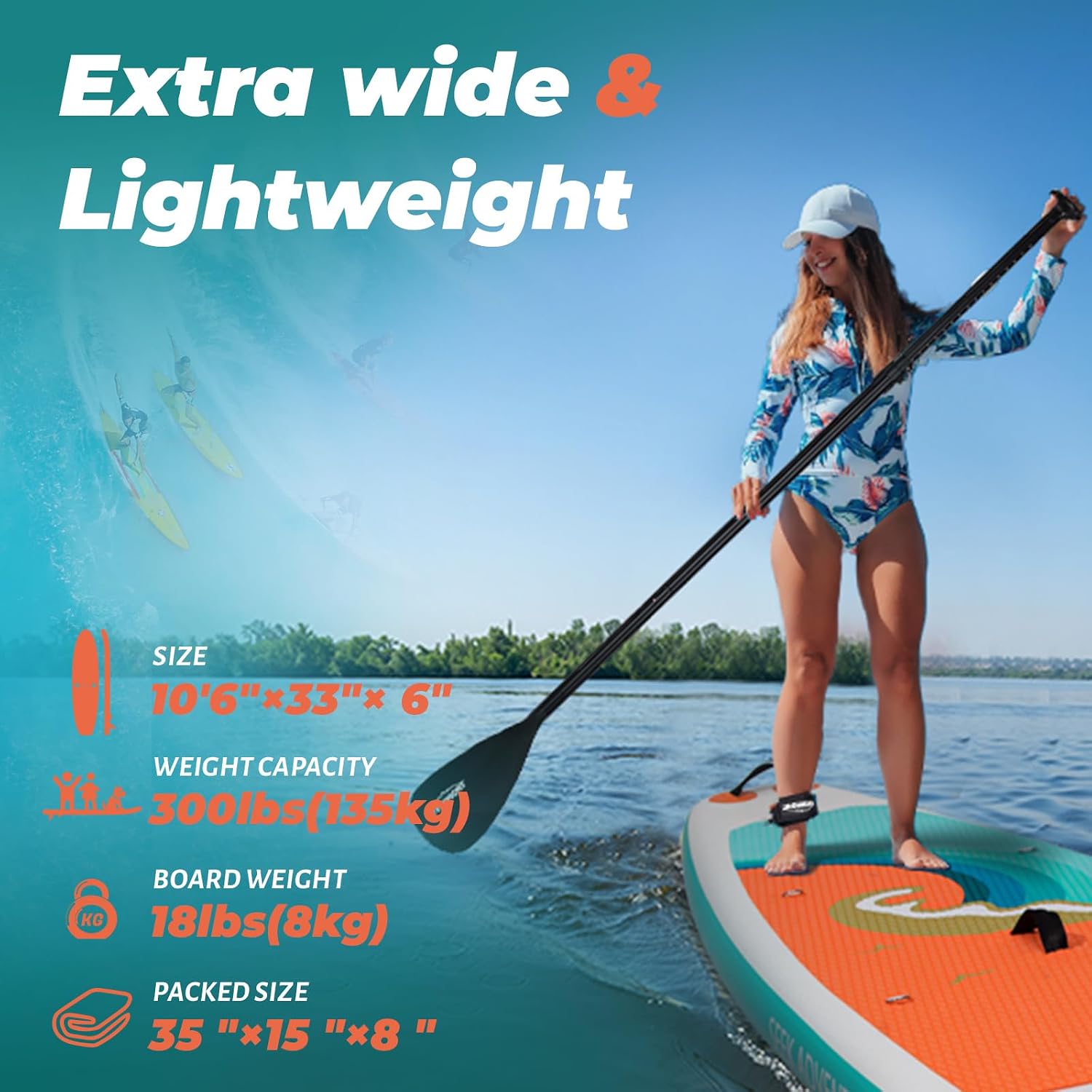 Overmont Inflatable Stand Up Paddle Board with Premium SUP Accessories, 10'6'' Wide Durable Design, Non-Slip Stable Deck for Youth & Adults of All Skill Levels, Leash Paddle & Pump Included