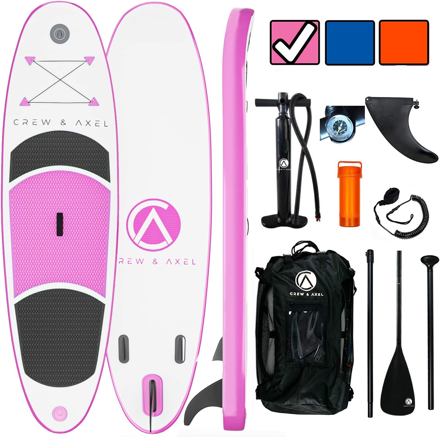 Crew Axel Inflatable Paddle Board 10'33'6' Extra Wide & Lightweight (18lb) Paddle Board – Premium SUP Set Includes 2 Bags, Floating Paddle, Camera Mount, 3 Fins, Dual Pump Kit