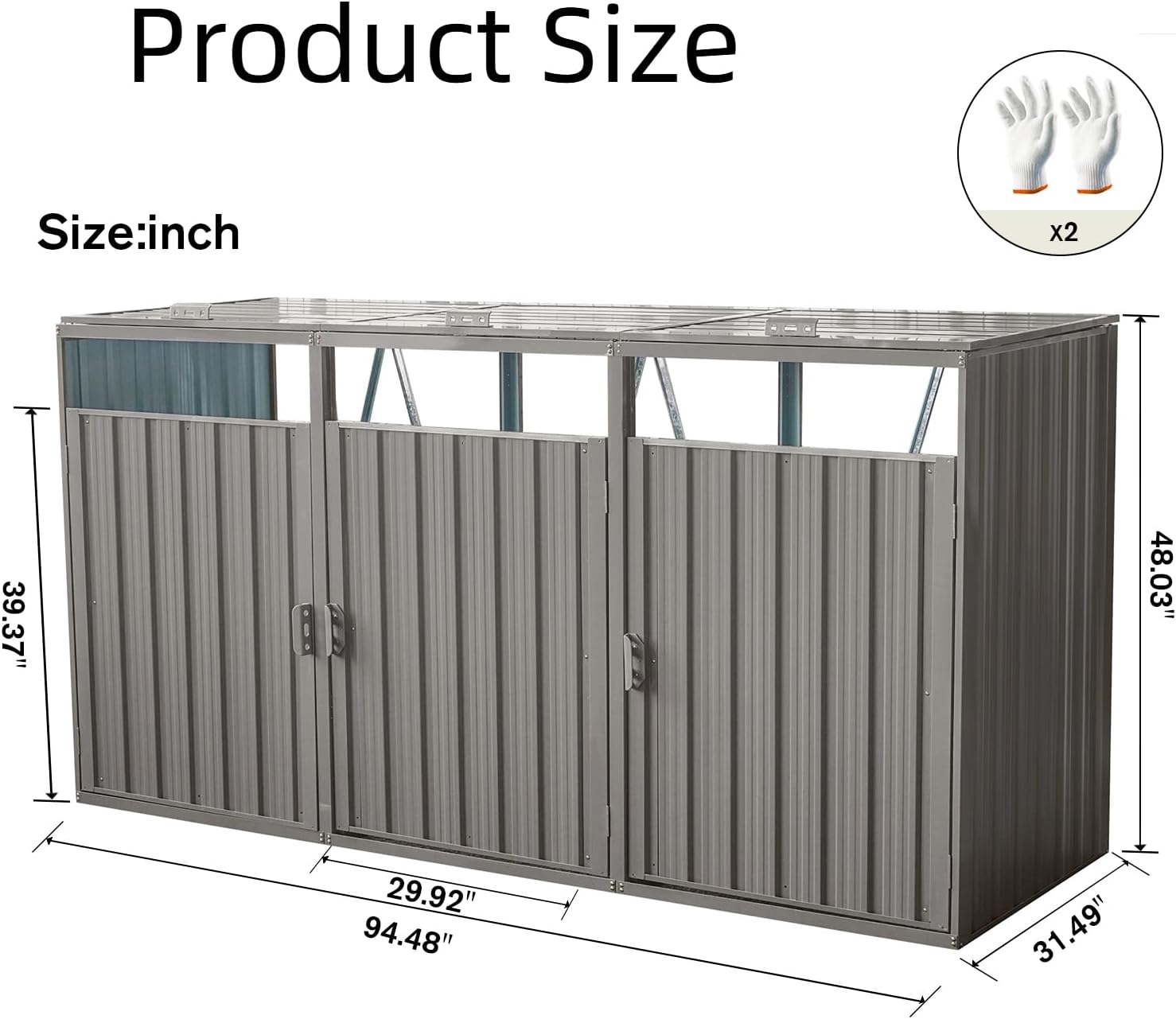 82.7 Cu.Ft Outdoor Trash Can Storage Shed, Metal Trash Can Storage Bin with Spring Chain Lid for Garbage Storage, Waterproof Storage Shed Stores for 3 Trash Cans, Garden Tools, Gray