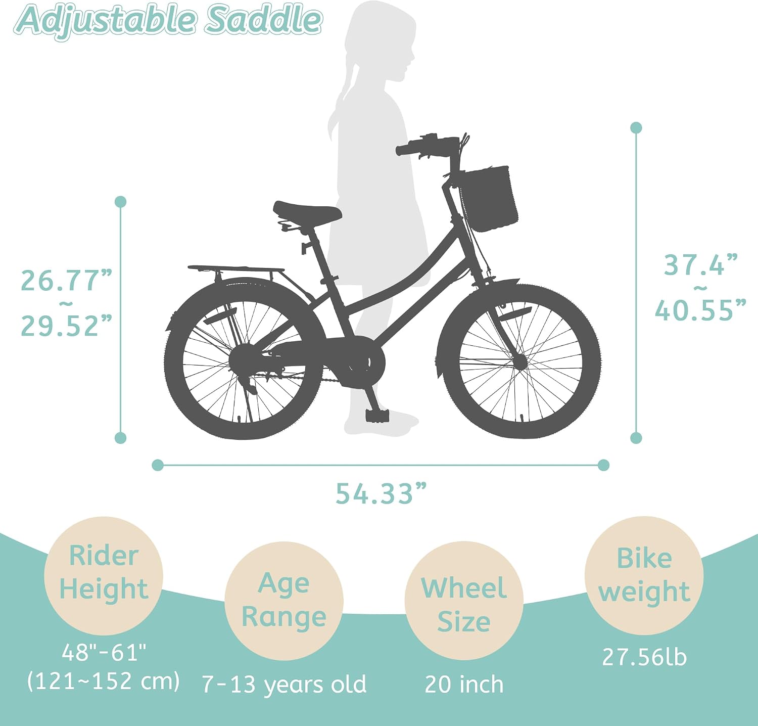 Girls Bikes Ages 8-12, 20 Inch Girls Bike Kids Bicycle with Basket, Lightweight Kids' Bicycles with Front and Rear Brakes, Cruiser Bike for Children, Multiple Colors