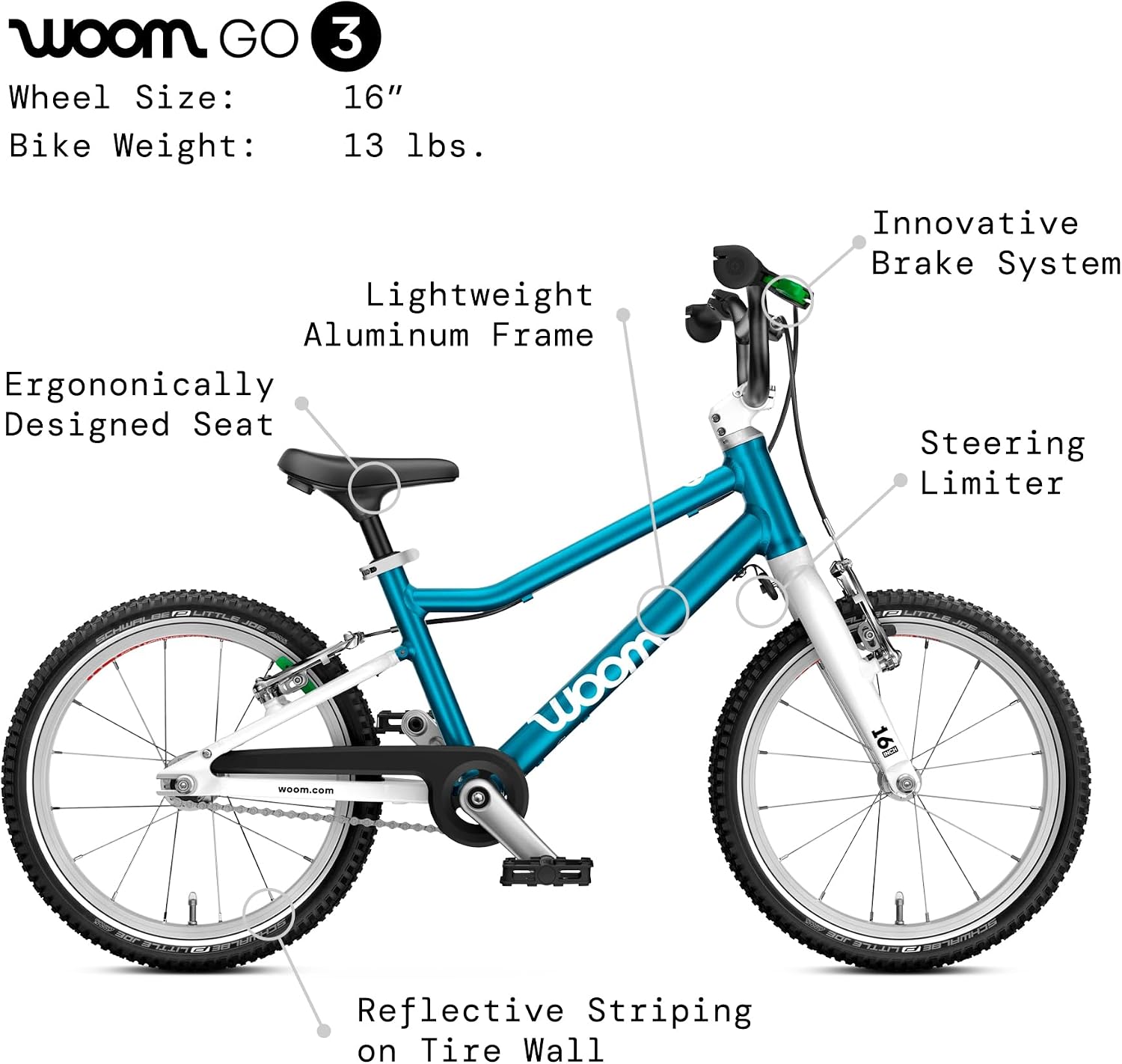 woom GO 3 / GO 3 AUTOMAGIC Kids' Bike, 16-Inch Lightweight Bicycle for Ages 4–6, Handbrakes, Steering Limiter, Chainguard, Boys & Girls
