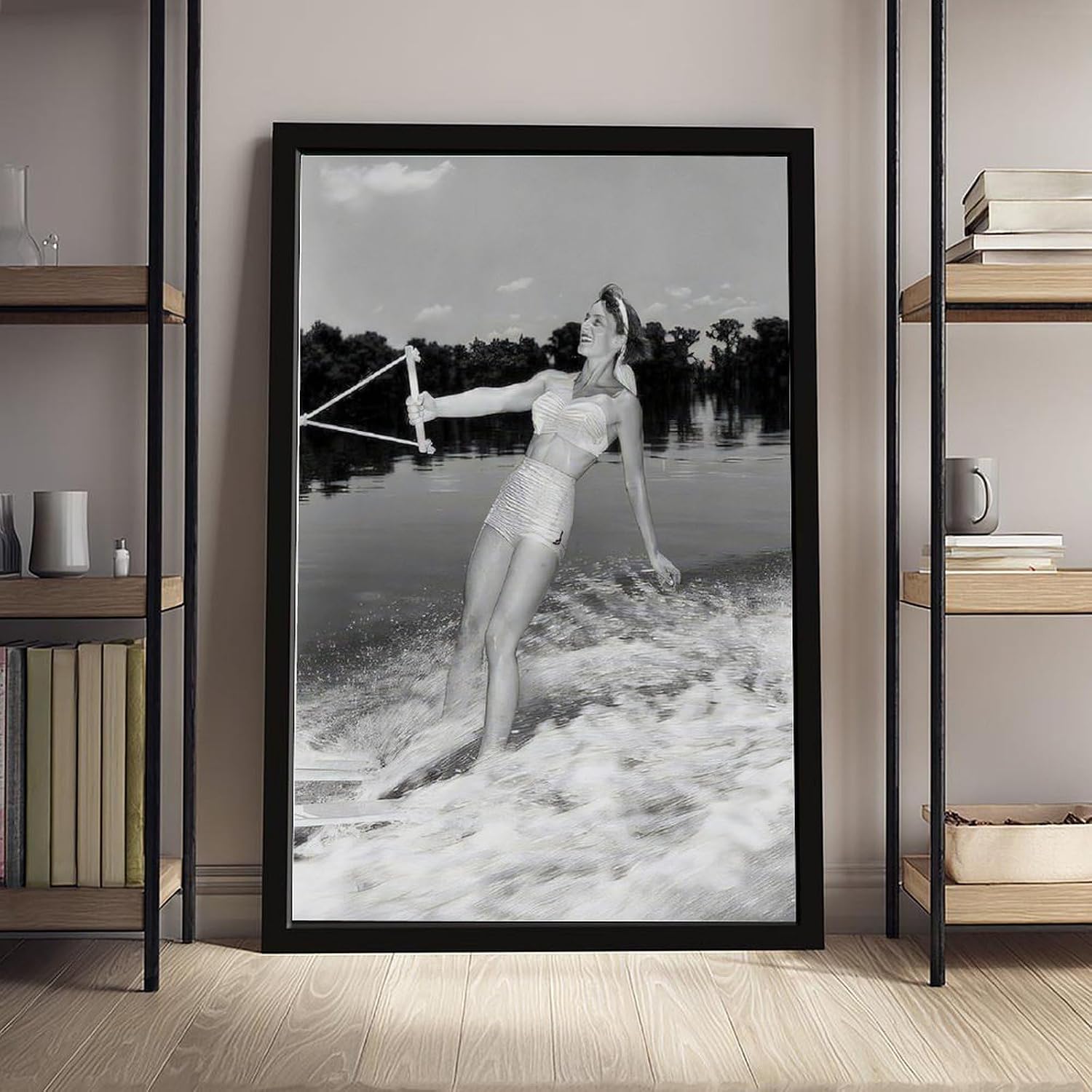 Woman Water Skiing on Lake, Vintage 1950s Photo, Funny, Black And White Poster Canvas Poster Wall Art Decor Print Picture Paintings for Living Room Bedroom Decoration Black Frame 24x36in(60x90cm)