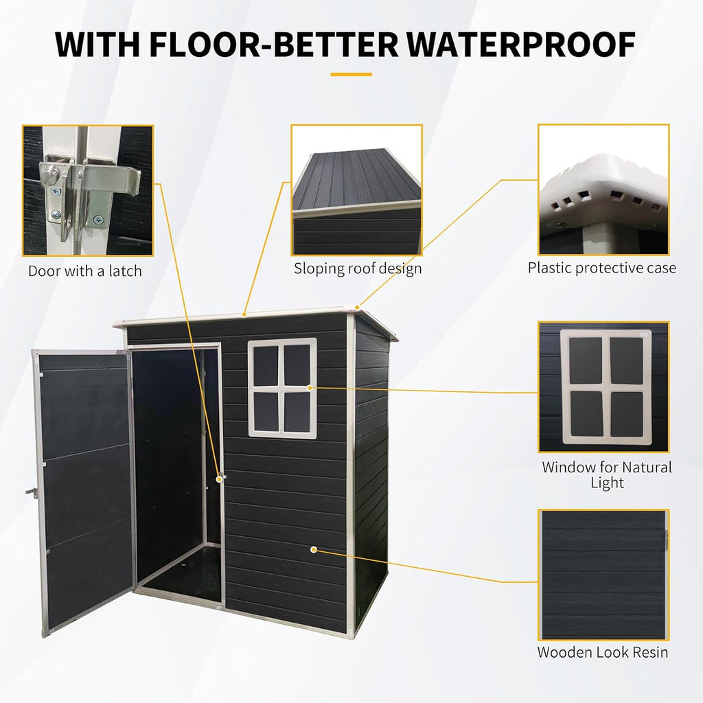 JT 5 x 3 FT Resin Outdoor Shed, Waterproof Storage Shed with Floor, Lockable Door, and Window, Garden Sheds for Backyard, Lawn, Tools (Black)