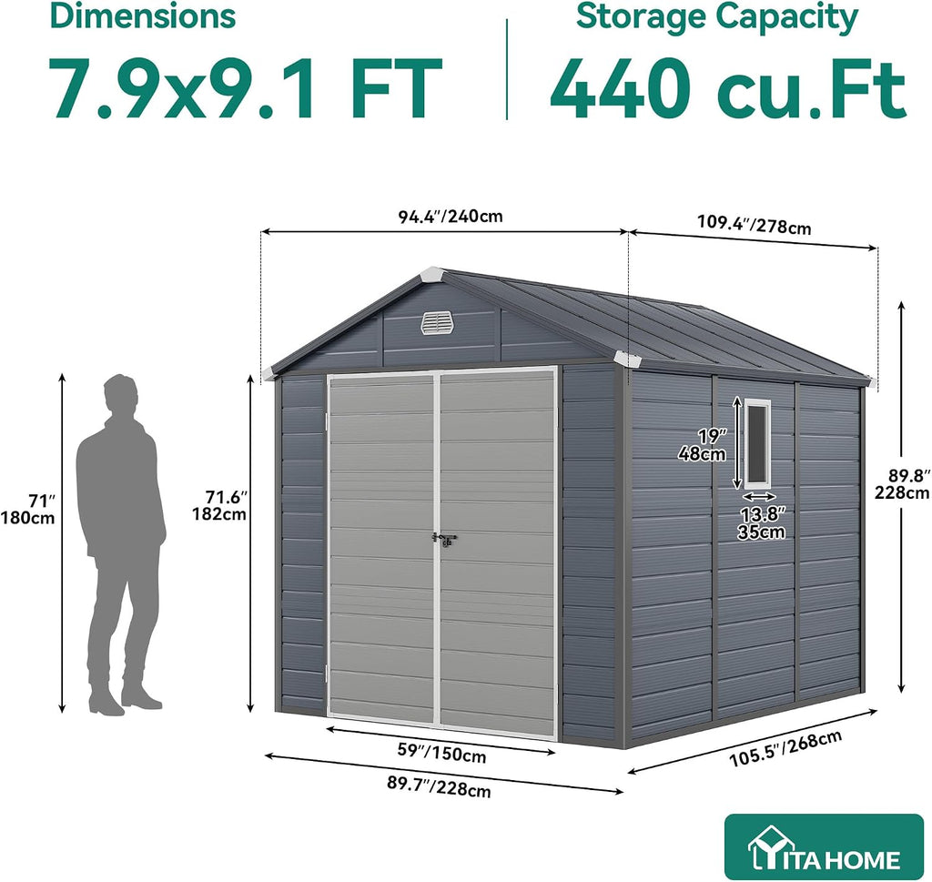 YITAHOME 8x9 FT Outdoor Storage Shed w/o Floor, All-Weather Plastic Shed with Lockable Doors, Window & Vents, Plastic Tool Shed for Backyard, Patio, Poolside, Lawn, Gray