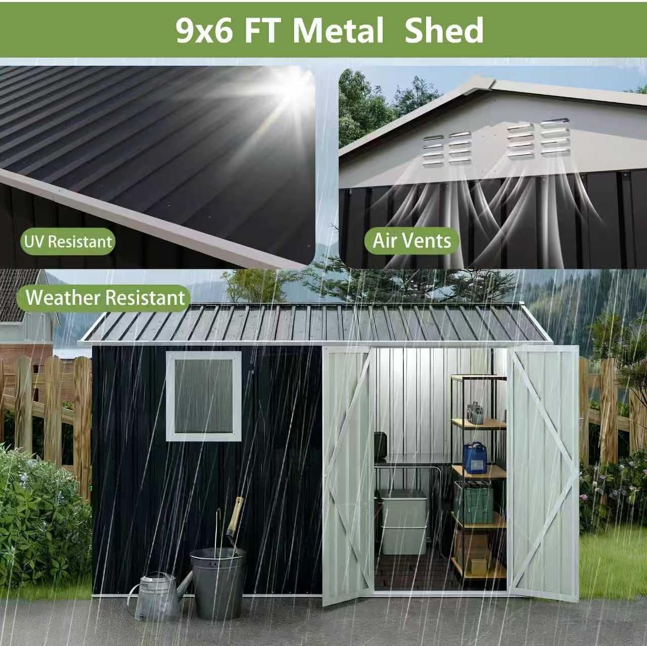 9 * 6 FT Metal Garden Storage Sheds for Patio Backyard Tools House Storage Shed with One Window (9.5 x6.7 FT)