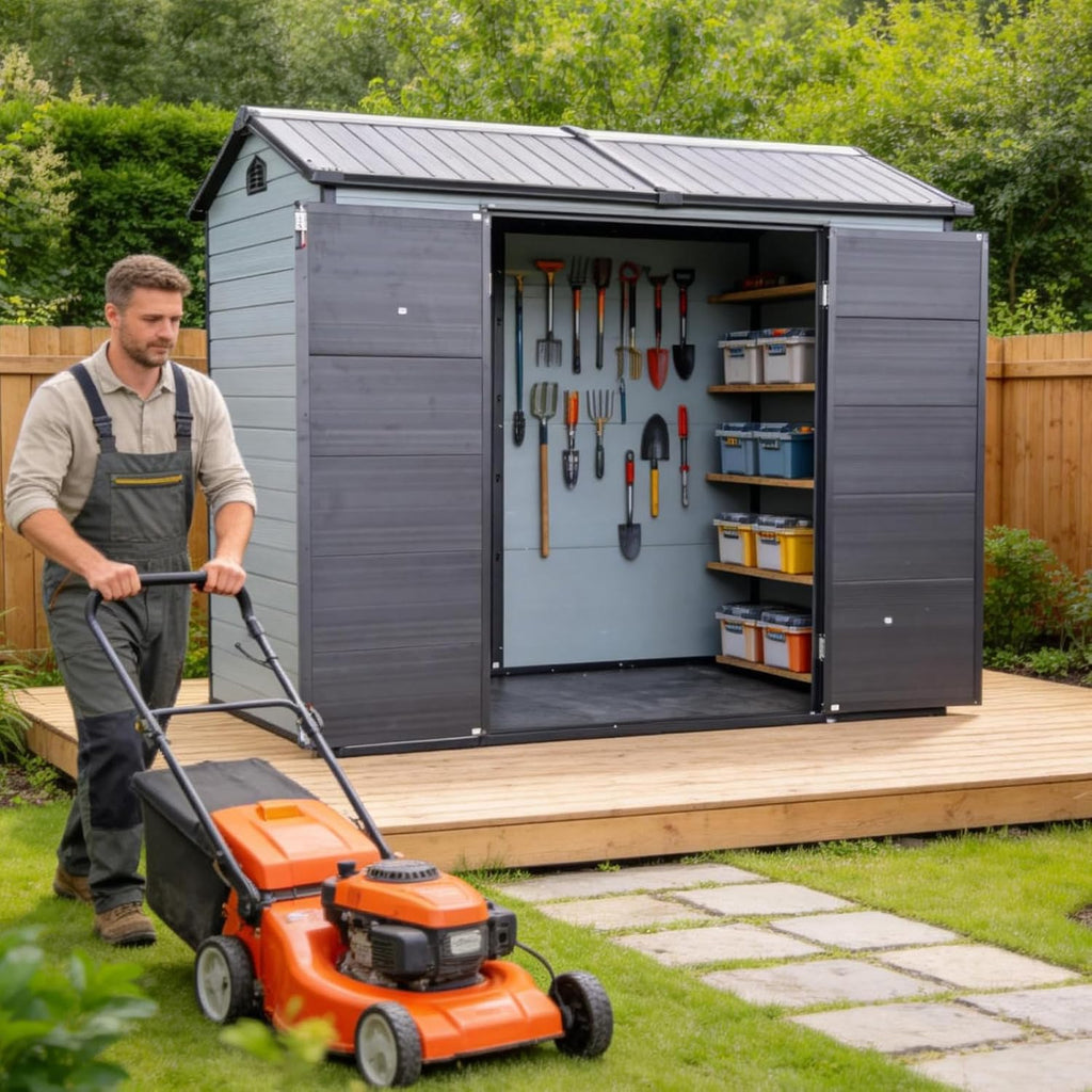 8x4ft Resin Outdoor Storage Shed with Floor and 2 Windows, Plastic Sheds & Outdoor Storage Clearance for Patio Furniture, GardenTools, Lawn Mower and Bike Accessories, Black+Grey