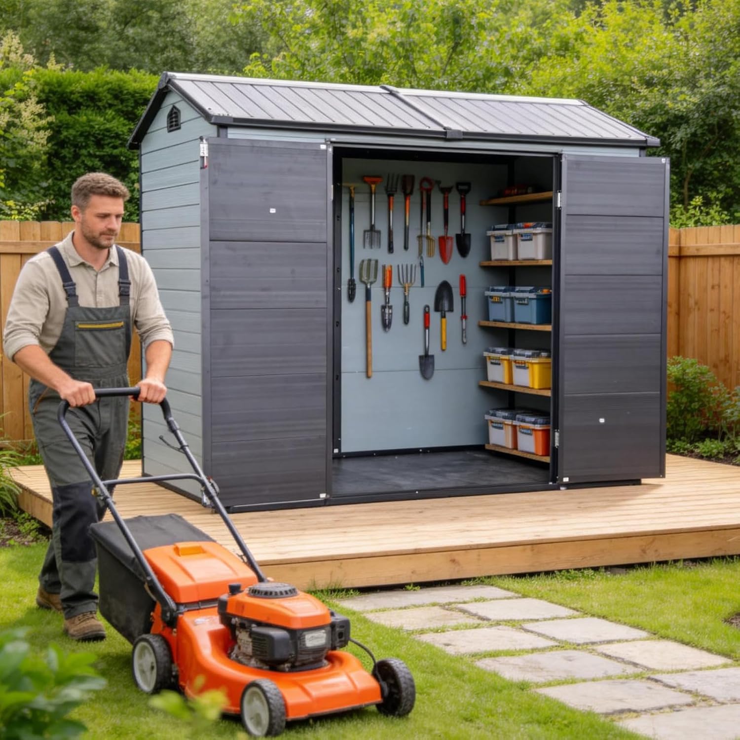8x4ft Resin Outdoor Storage Shed with Floor and 2 Windows, Plastic Sheds & Outdoor Storage Clearance for Patio Furniture, GardenTools, Lawn Mower and Bike Accessories, Black+Grey