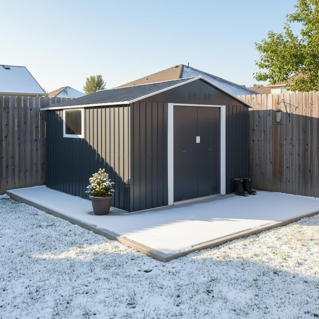 YOPTO 11.2x10.6 FT Outdoor Storage Shed Galvanized Metal Tool Shed with Window and Sliding Door,Waterproof Garden House w/Punched Vents & Locks,for Patio,Lawn,Backyard,Grey