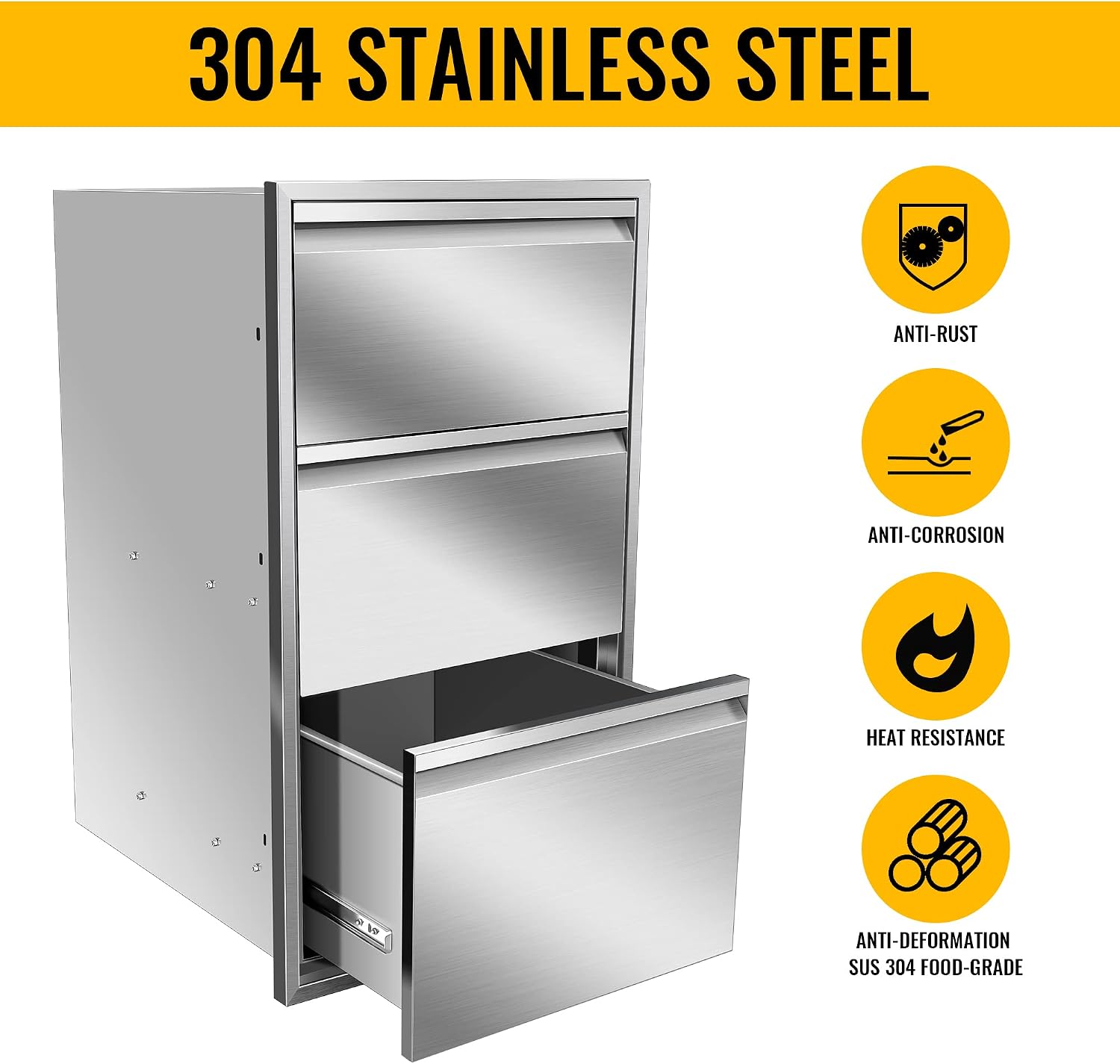Outdoor Kitchen Stainless Steel Triple Access Drawers 17W x 30H x 21D with Paper Towel Holder Combo for Outdoor Kitchen Island or Grill Station