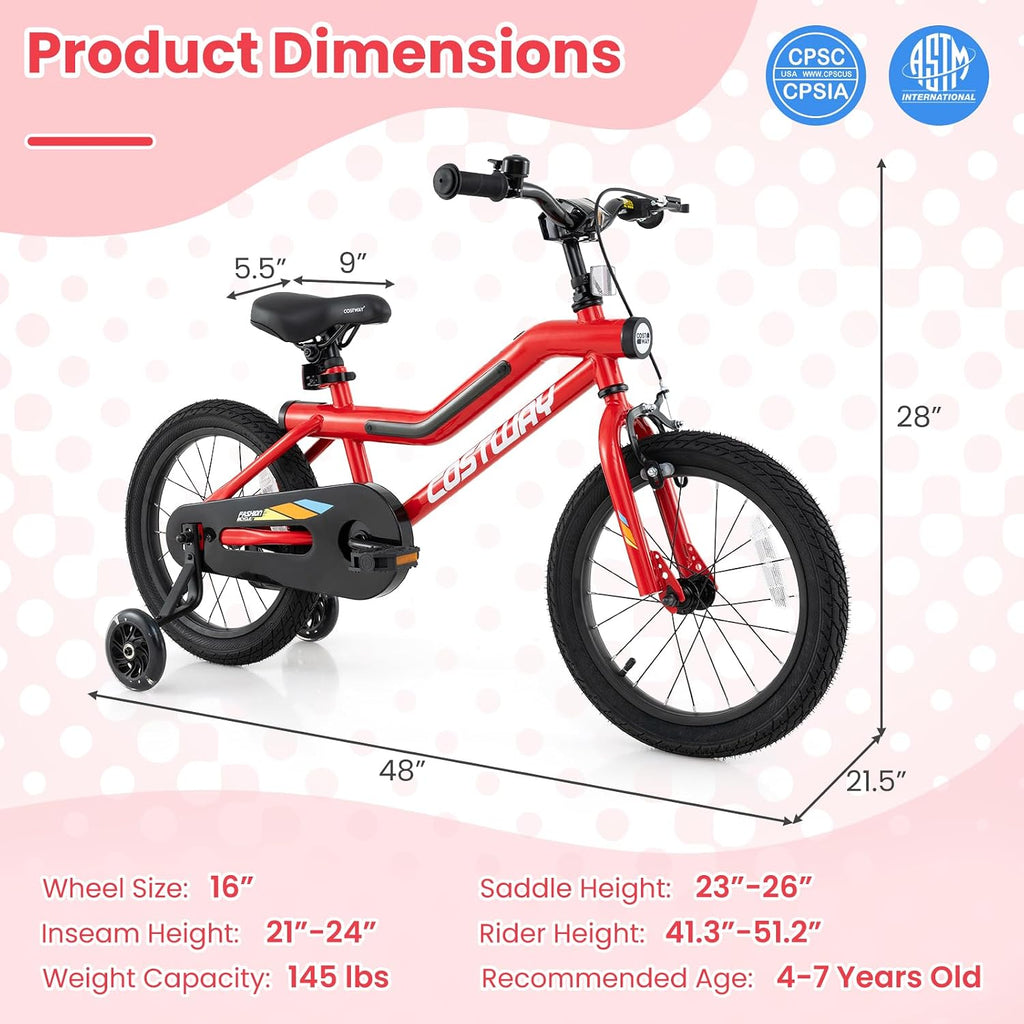 COSTWAY 16'/18' Lighted Kids Bike, Children Sport Bicycle with LED Light-up Frame, Adjustable Saddle, Training Wheels, Handbrake & Coaster Brake, Kids Riding Bike for 4-7/4-8 Years Old Boys & Girls