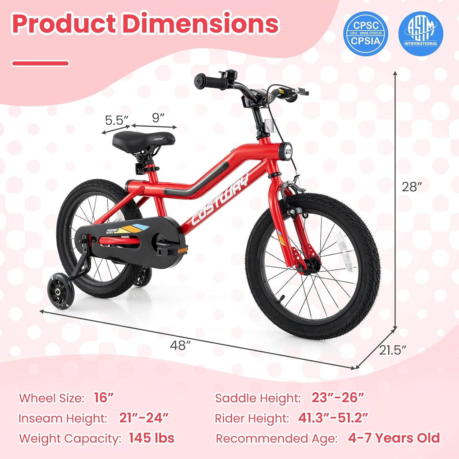 COSTWAY 16'/18' Lighted Kids Bike, Children Sport Bicycle with LED Light-up Frame, Adjustable Saddle, Training Wheels, Handbrake & Coaster Brake, Kids Riding Bike for 4-7/4-8 Years Old Boys & Girls