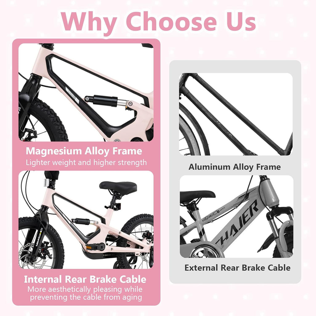 BABY JOY Kids Bike, 16' Magnesium Sporty Bicycle with Dual Disc Brakes, Removable Training Wheels, Body Suspension, Adjustable Handlebar & Saddle, Girls Boys Bike