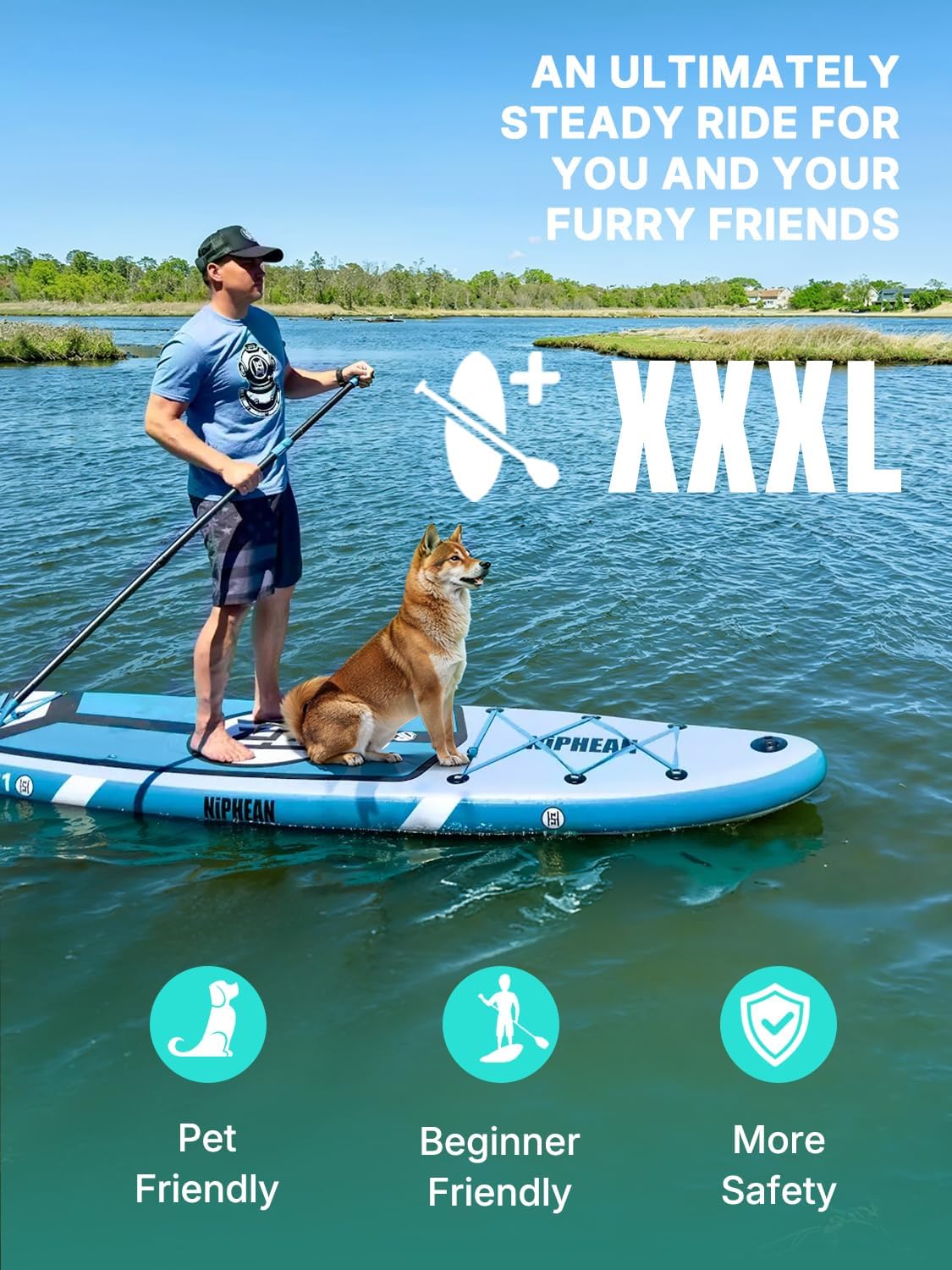 Niphean (Extra Large) Inflatable Paddle Board, SUP for 2+1 People/Family 500lbs Capacity Stand Up Paddle Board with SUP Accessories, StabilTrac Fin Non-Slip Paddleboard for Adults