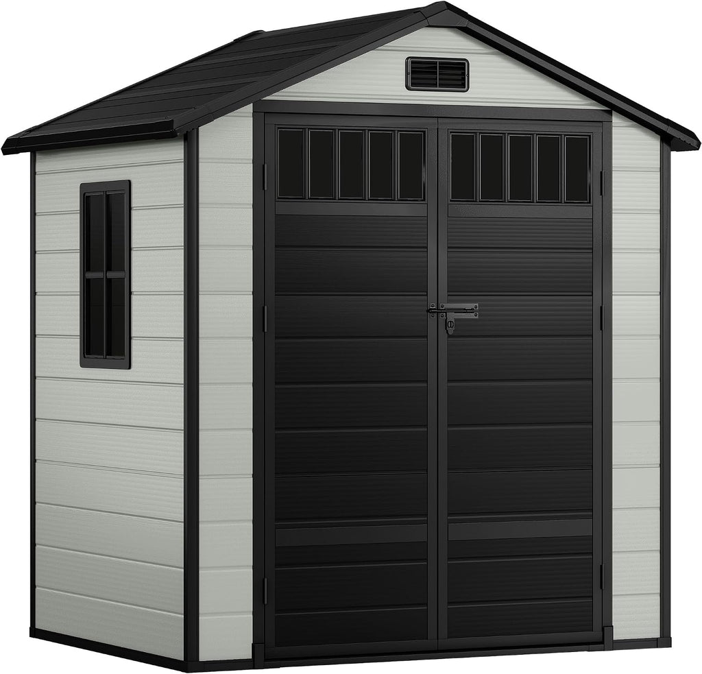 DWVO 6x4.4 FT Resin Storage Shed with Fence-Style and Side Windows, Lockable Door, and Vents Outdoor Storage Shed for Garden, Backyard, Patio, Lawn
