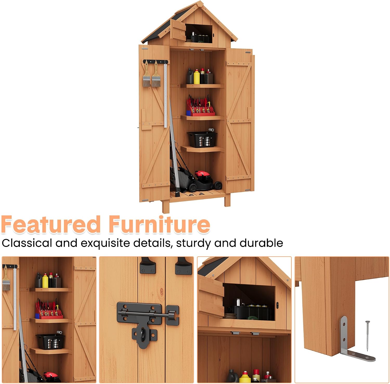 70in Tall Outdoor Storage Shed, Waterproof Wooden Garden Tool Shed with 4 Shelves and Lockable Doors, Vertical Outdoor Storage Cabinet for Patio Yard Lawn
