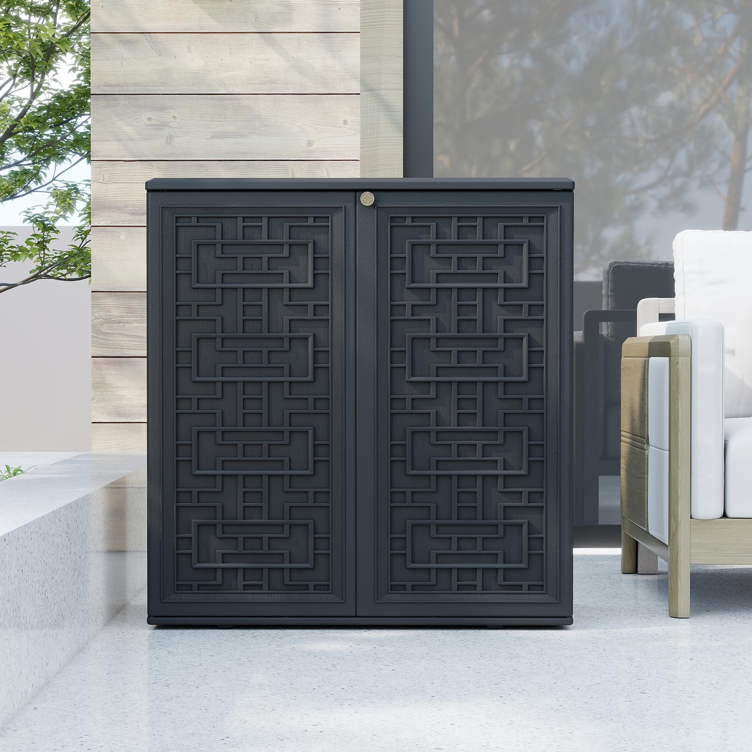 HOMSPARK Indoor/Outdoor Storage Cabinet with Doors and Shelf, 34'x15'x36' HDPE Plastic Storage Box Waterproof for Patio, Garden, Balcony, Multi-Purpose for Daily Tools, Black