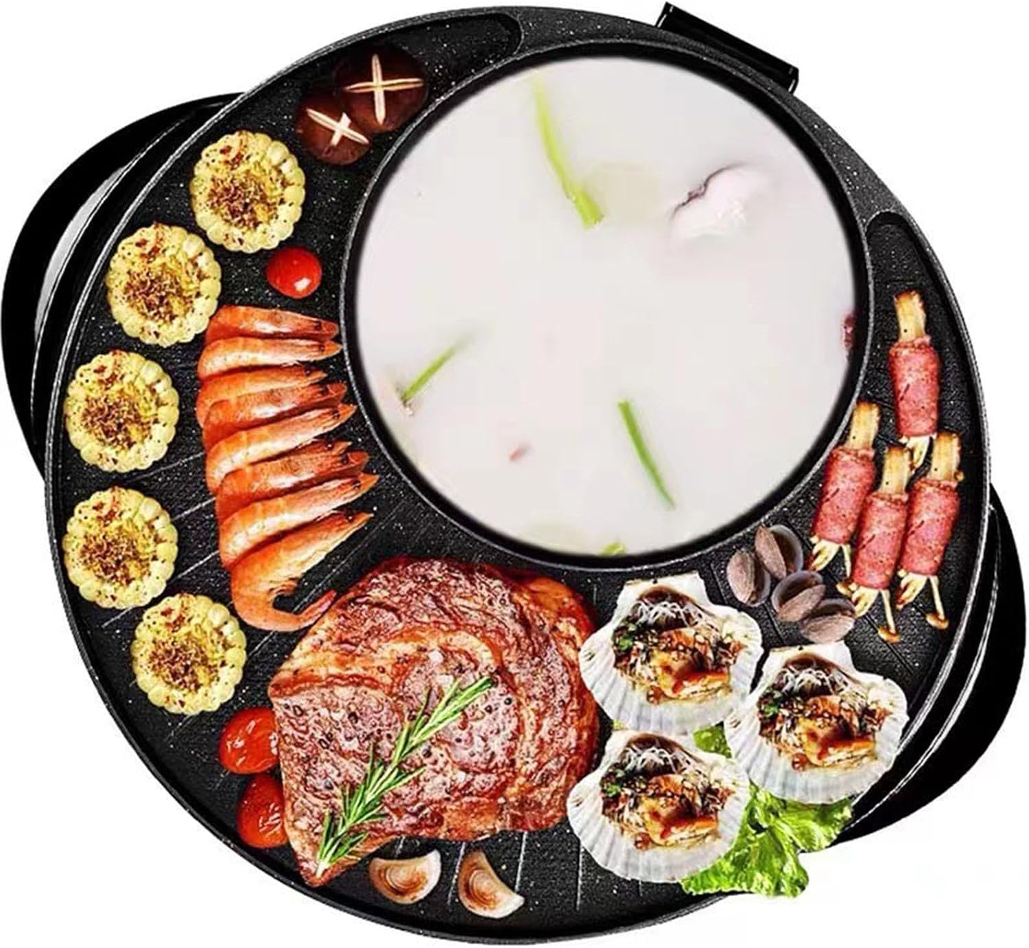 Electric Grill and Hot Pot 2 in 1 Portable Cookware Round Multifunctional Korean BBQ for Family Indoor Picnic Camping Outdoor, 32cm(36cm)
