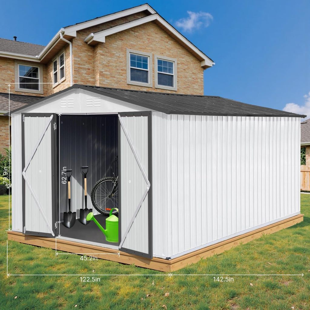 12' x 10' XL Outdoor Storage Shed, Sturdy Metal Building w/Lockable Doors for Garden, Backyard, Poolside and Lawn, White