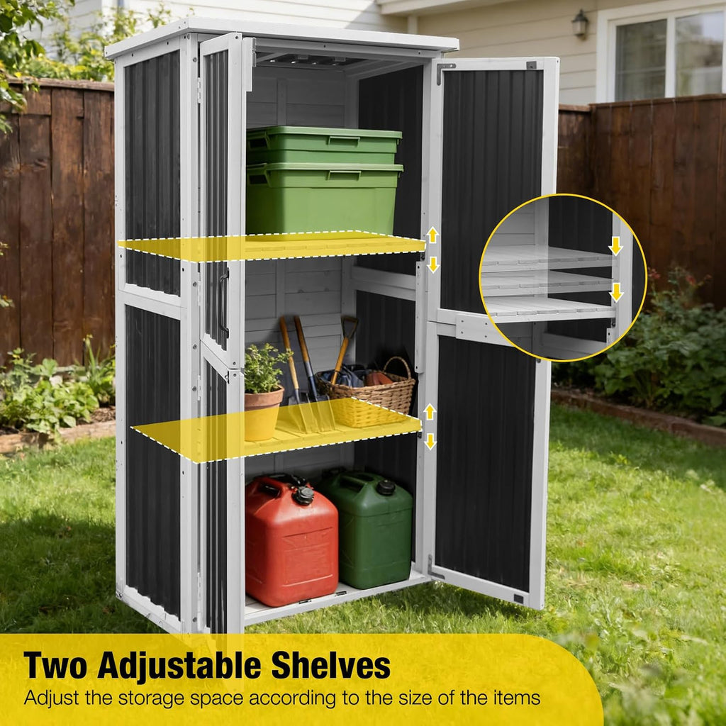 Aivituvin Outdoor Storage Shed with Wood and Metal Frame, Garden Sheds with Waterproof Plastic Roof, Adjustable Shelves and Ventilated Blinds, Garden Tool Cabinets for Outdoor (Black, Plastic)