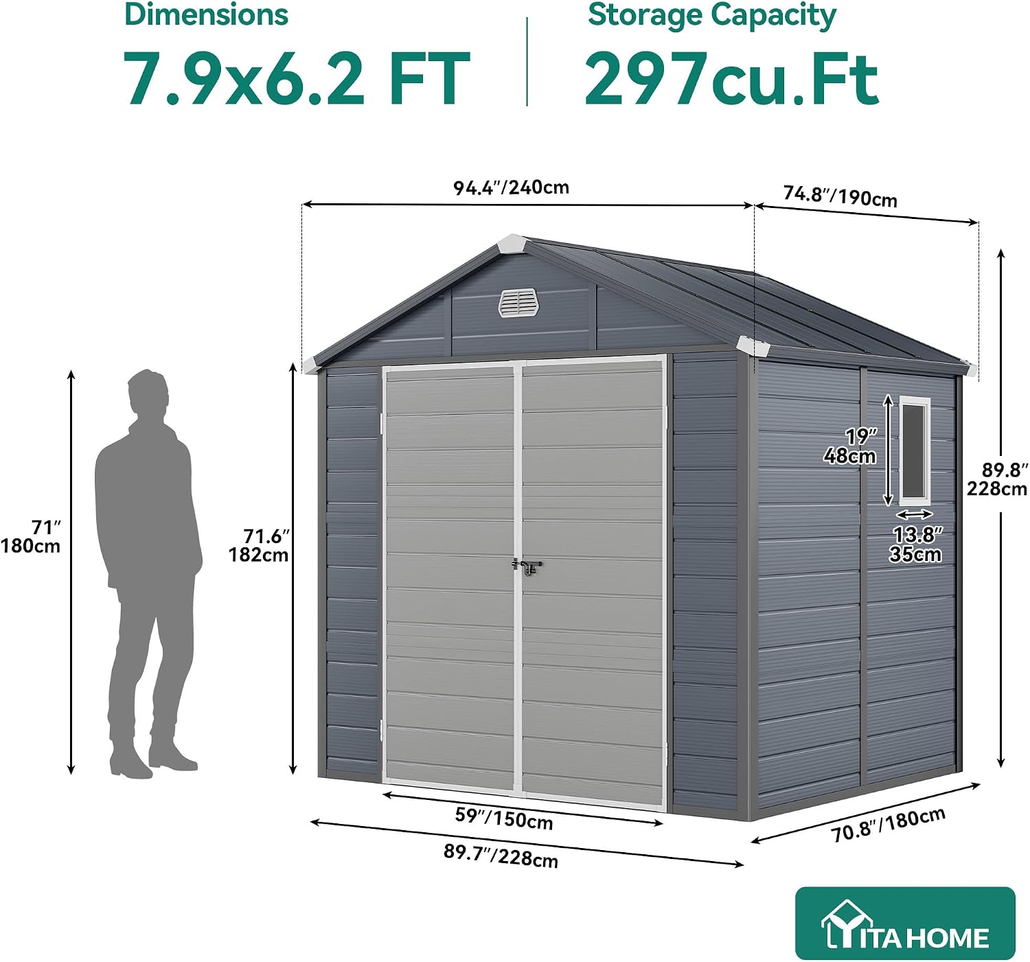 YITAHOME 8x6.2FT Outdoor Storage Shed w/o Floor, All-Weather Plastic Shed with Lockable Doors, Window & Vents, Plastic Tool Shed for Backyard, Patio, Poolside, Lawn, Gray