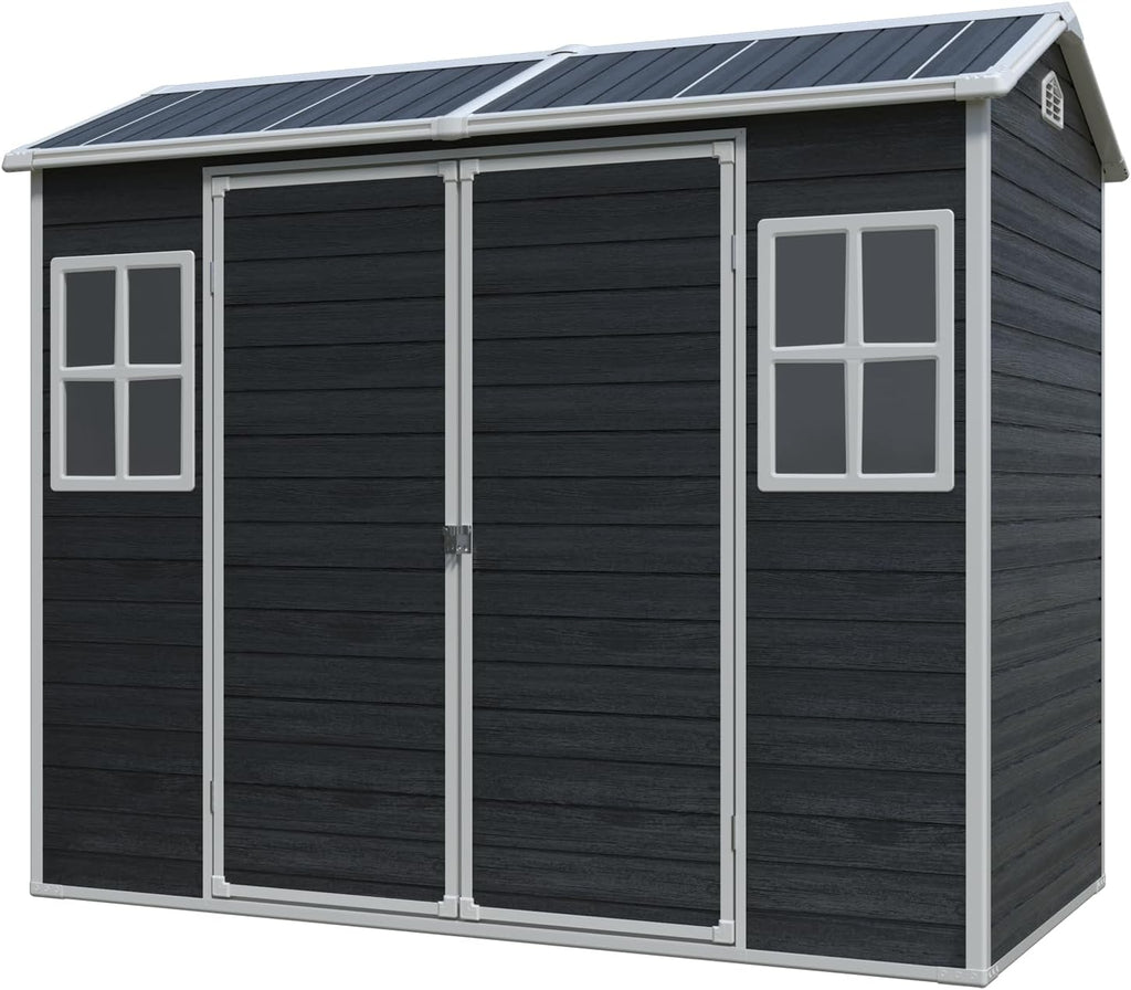 8 x 4 FT Outdoor Storage Shed, Outdoor Resin Shed with Two-Window and Double-Door, Plastic with Floor for Gargen, Patio, Yard, Lawn (Black)