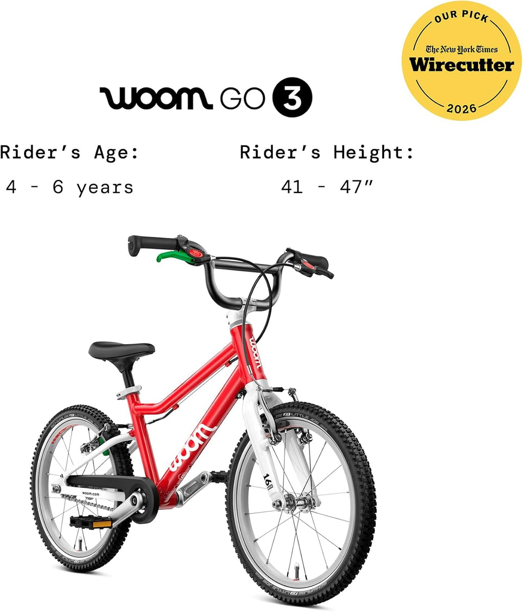 woom GO 3 / GO 3 AUTOMAGIC Kids' Bike, 16-Inch Lightweight Bicycle for Ages 4–6, Handbrakes, Steering Limiter, Chainguard, Boys & Girls