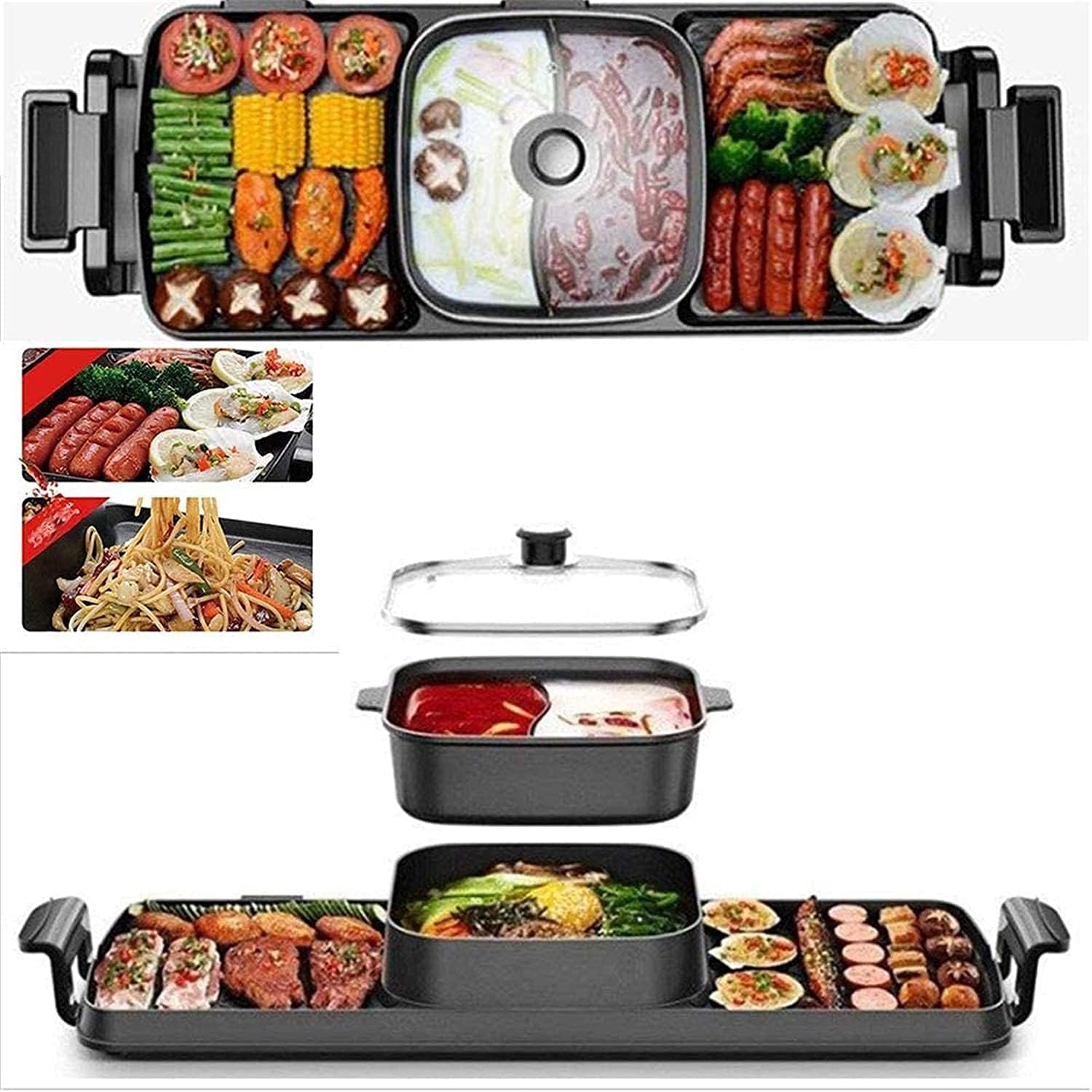 Korean BBQ Grill Shabu-Shabu Grilled One-Piece Pot,Electric Smokeless Grill And Hot Pot Non-Stick Coating Separate Dual Temperature Korean BBQ Grill Pot,Household Nonstick
