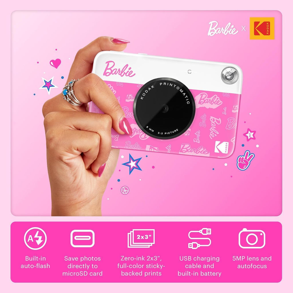 Kodak x Barbie Printomatic Full-Color Instant Print Digital Camera Barbie Gift Bundle (Signature Style)+ Barbie Case, Photo Album, Sticker & Hanging Frames, 50 Stickers + Zink Paper (20 Sheets)
