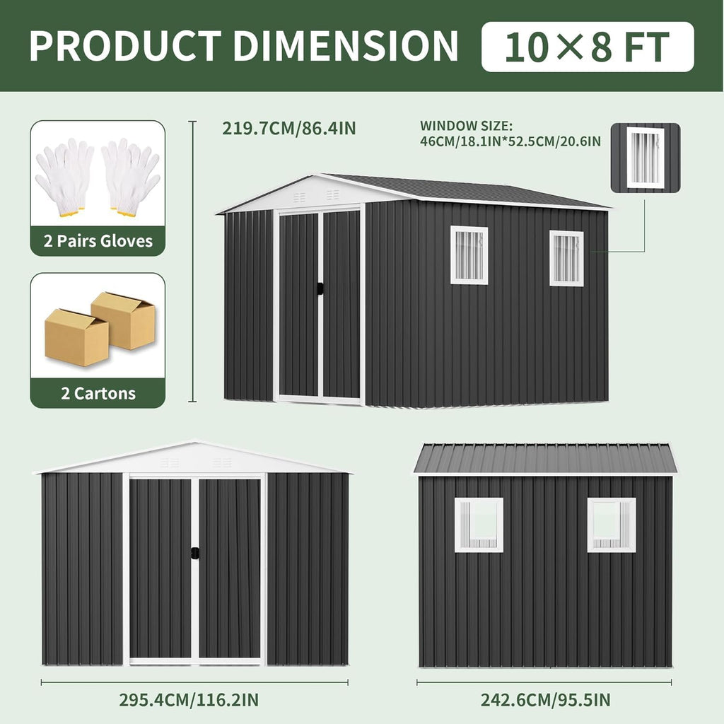 10FT x 8FT Outdoor Storage, Metal Anti-Corrosion Utility Tool House with Lockable Door & Shutter Vents，Outdoor Waterproof Garden Tool Storage Sheds（with 4 Transparent Window）