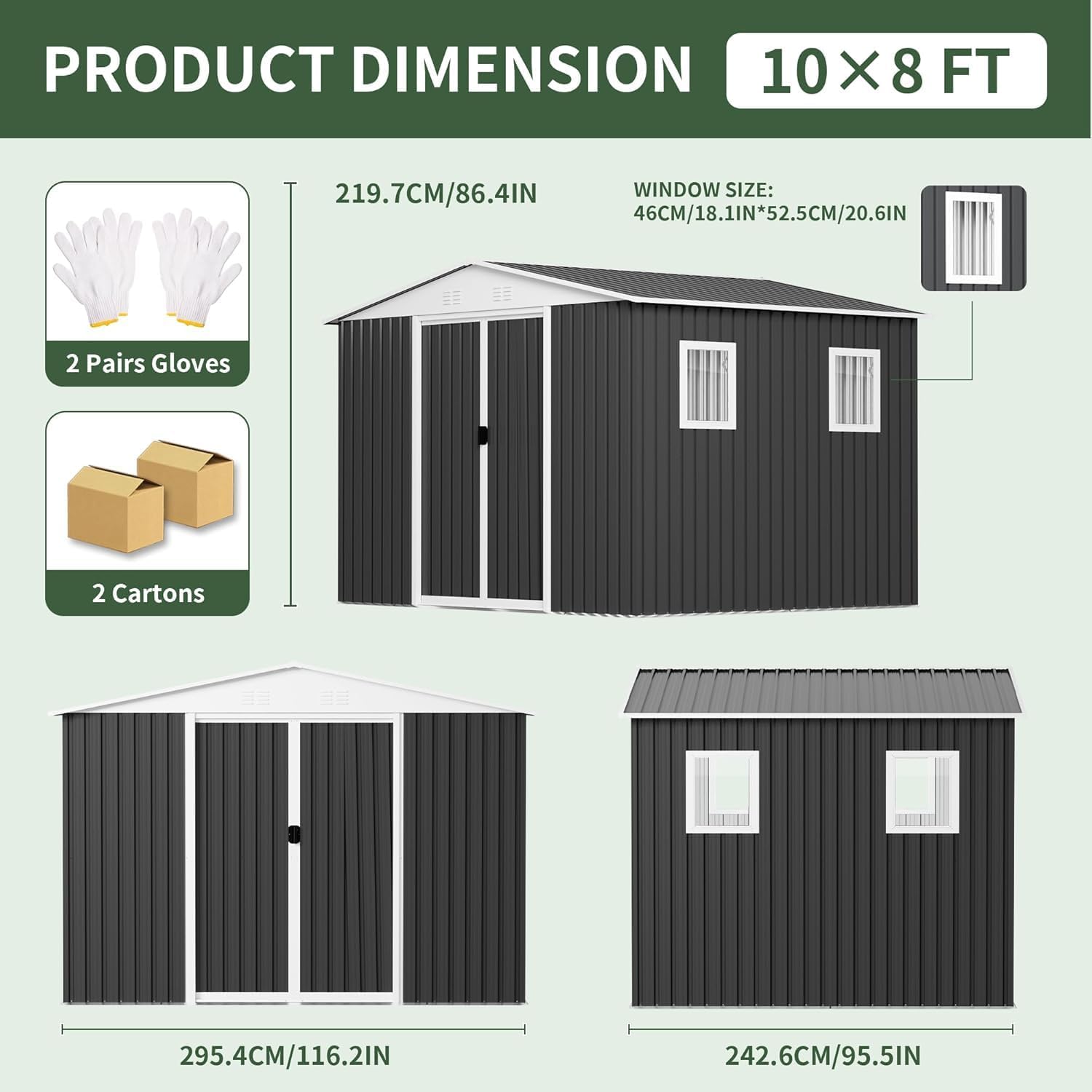 10FT x 8FT Outdoor Storage, Metal Anti-Corrosion Utility Tool House with Lockable Door & Shutter Vents，Outdoor Waterproof Garden Tool Storage Sheds（with 4 Transparent Window）