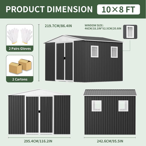 10FT x 8FT Outdoor Storage, Metal Anti-Corrosion Utility Tool House with Lockable Door & Shutter Vents，Outdoor Waterproof Garden Tool Storage Sheds（with 4 Transparent Window）